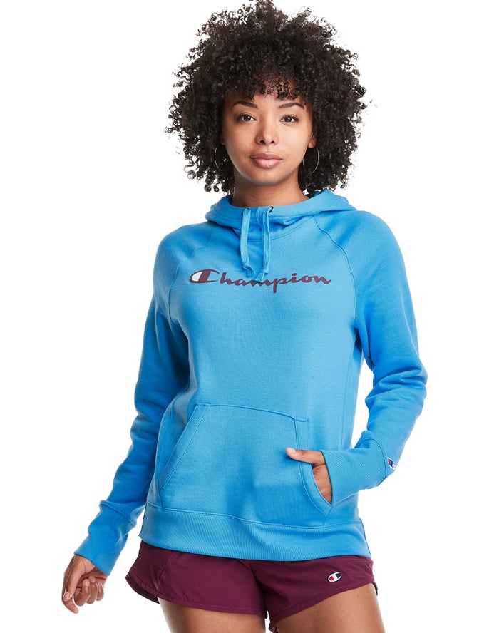 Champion Hoodie Dames - Blauw - Powerblend Fleece Script Logo ( 643908-INH )